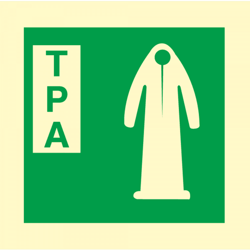 Oppbevaring av TPA Eksponeringsdrakt - IMO skilt med symbol