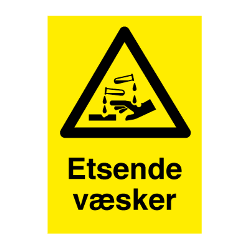 Etsende væsker - fareskilt med symbol og tekst