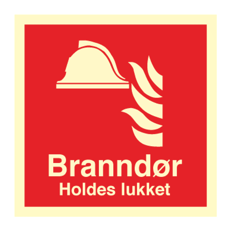 Branndør holdes lukket - brannskilt med symbol og tekst