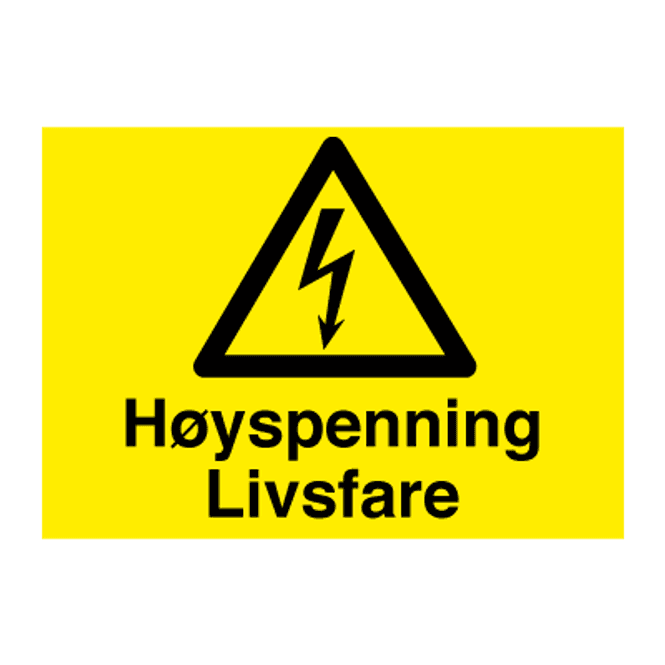 Hovedbilde Høyspenning livsfare - fareskilt med symbol og tekst