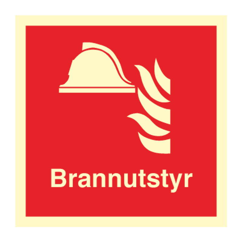 Brannutstyr - brannskilt med symbol og tekst