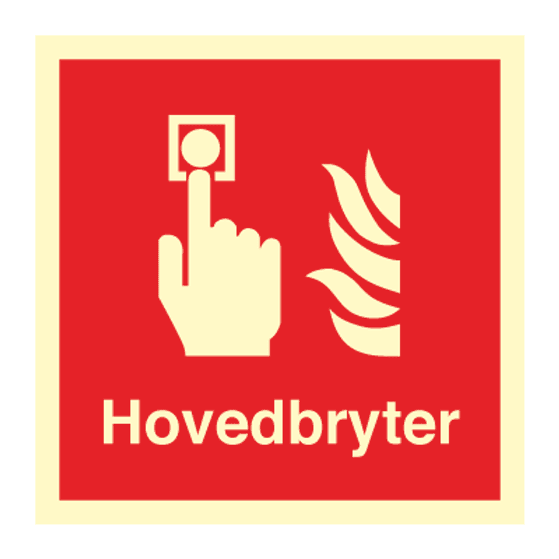 Hovedbryter - brannskilt med symbol og tekst