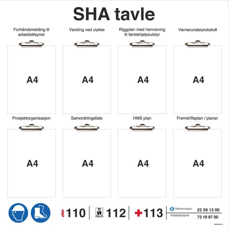 SHA tavle i PVC med klyper for entreprenører