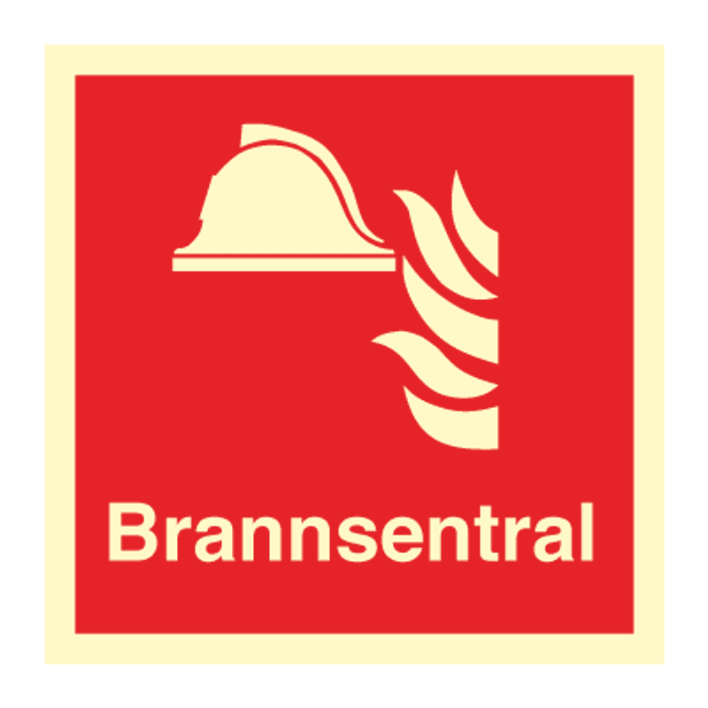 Brannsentralskilt med symbol og tekst