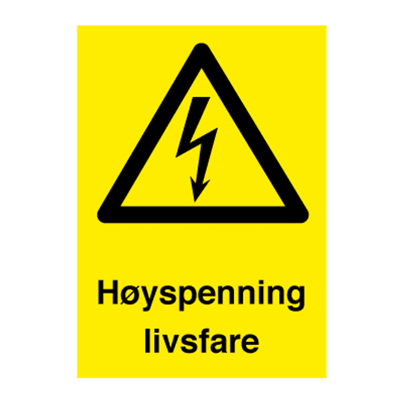Høyspenning livsfare - varselskilt med tekst og symbol