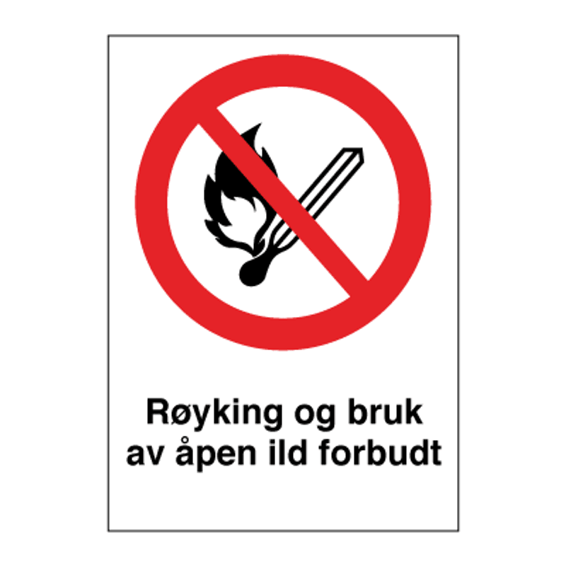 Røyking og åpen ild forbudt - Forbudsskilt med symbol og tekst