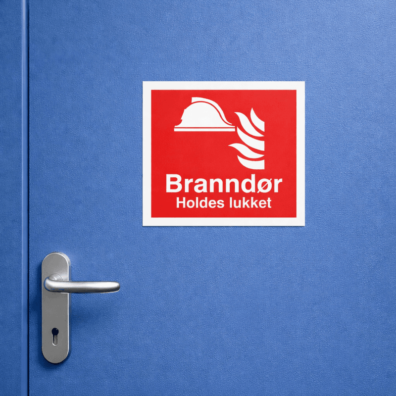 Branndør holdes lukket - brannskilt med symbol og tekst