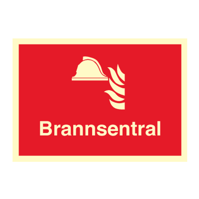 Brannsentralskilt med symbol og tekst