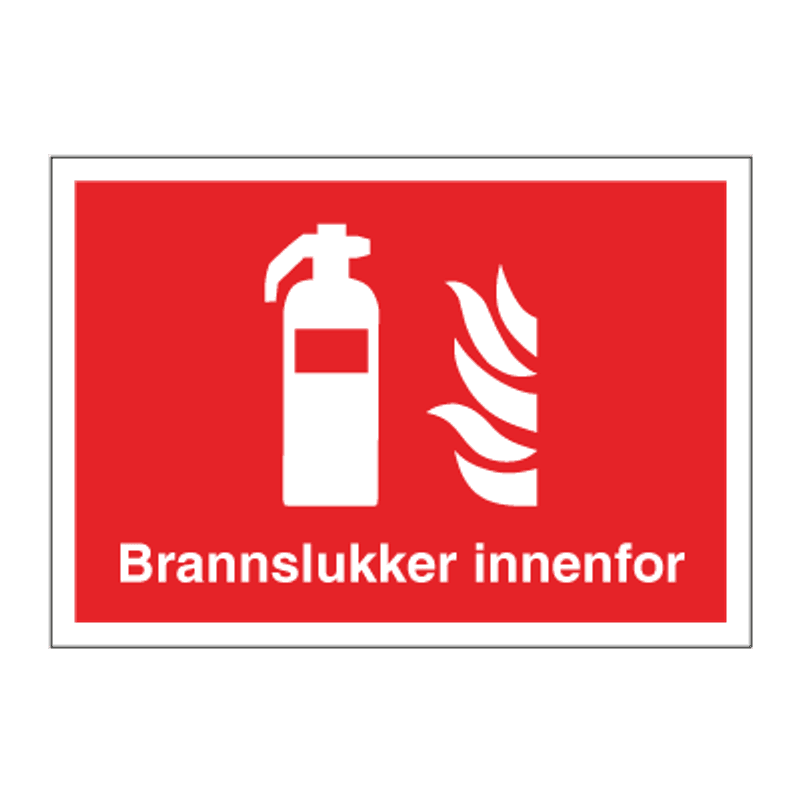 Brannslukker innenfor - brannskilt med symbol og tekst