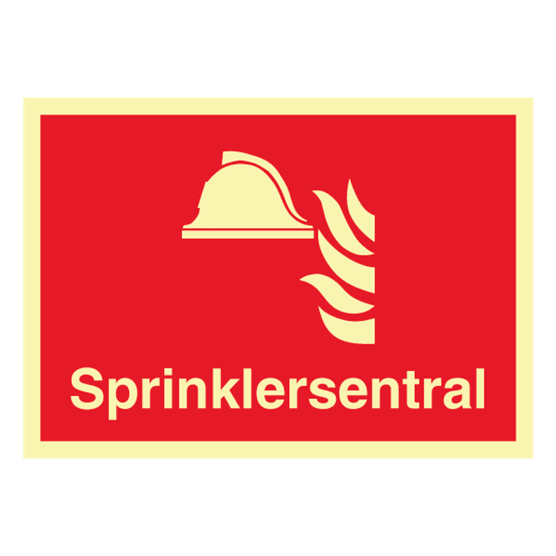 Sprinklersentral - brannskilt med symbol og tekst
